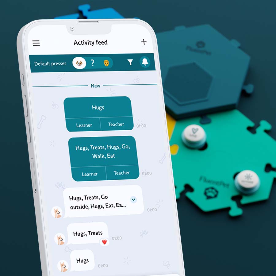 Every button press is captured through the FluentPet App so you can track your learner’s progress. You can also share milestones, get customized button teaching and get texts from your furry friend when you’re away.