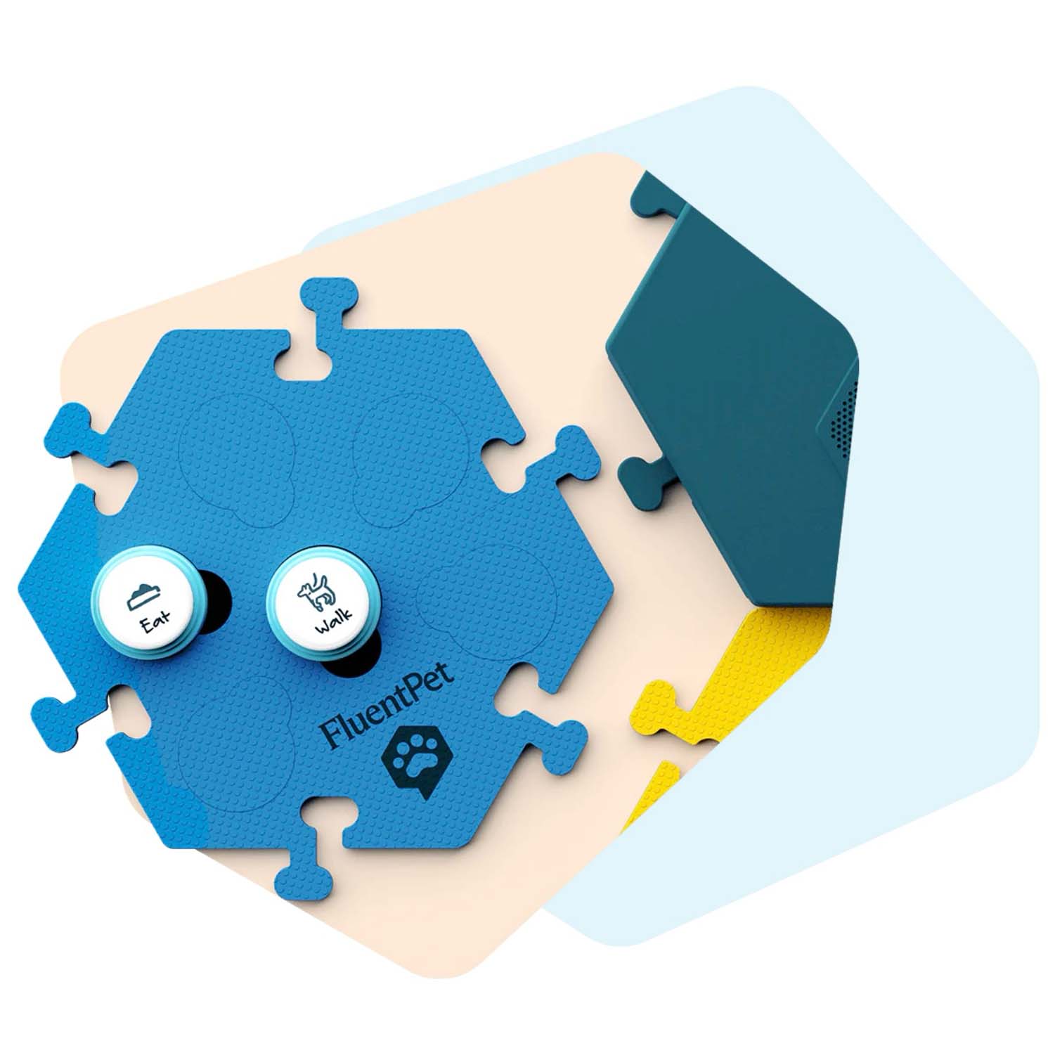 A blue FluentPet HexTile with two Connect buttons.