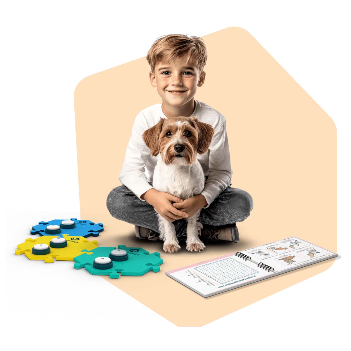 A young boy teaching his dog to talk with a FluentPet Get Started Kit and the Junior Teacher Workbook.