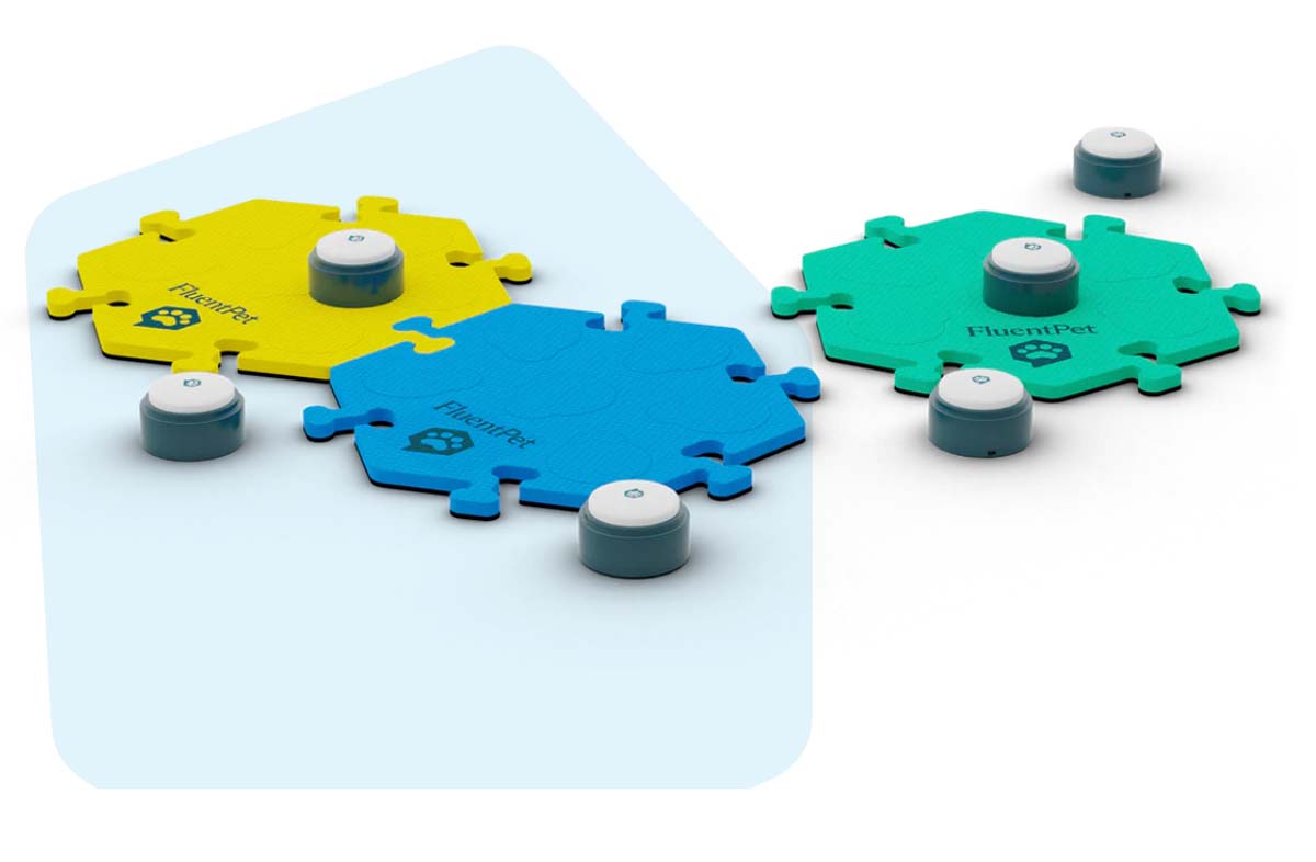 A FluentPet Get Started kit with yellow, blue and green HexTiles and Basic buttons.