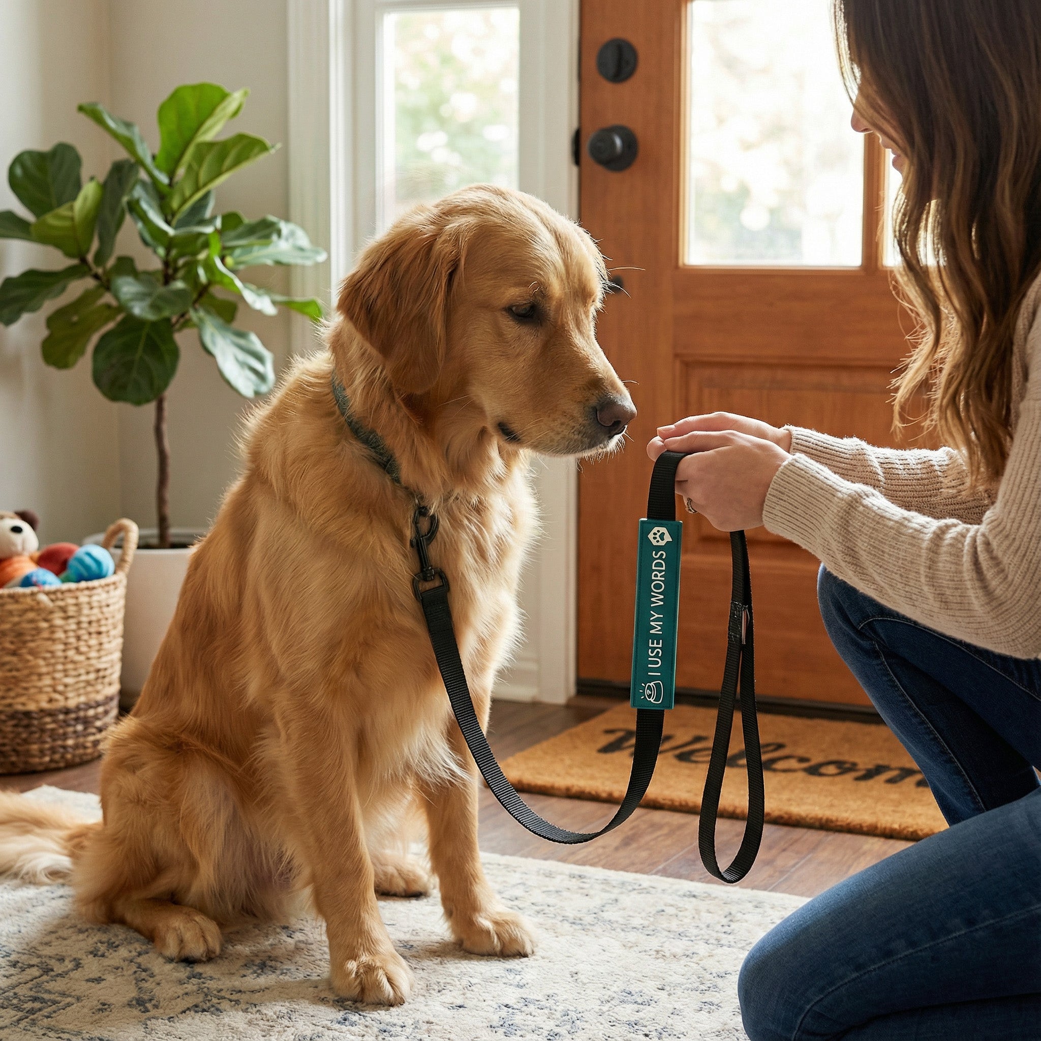 Woman preparing a dog for a walk with a leash, in a home setting.