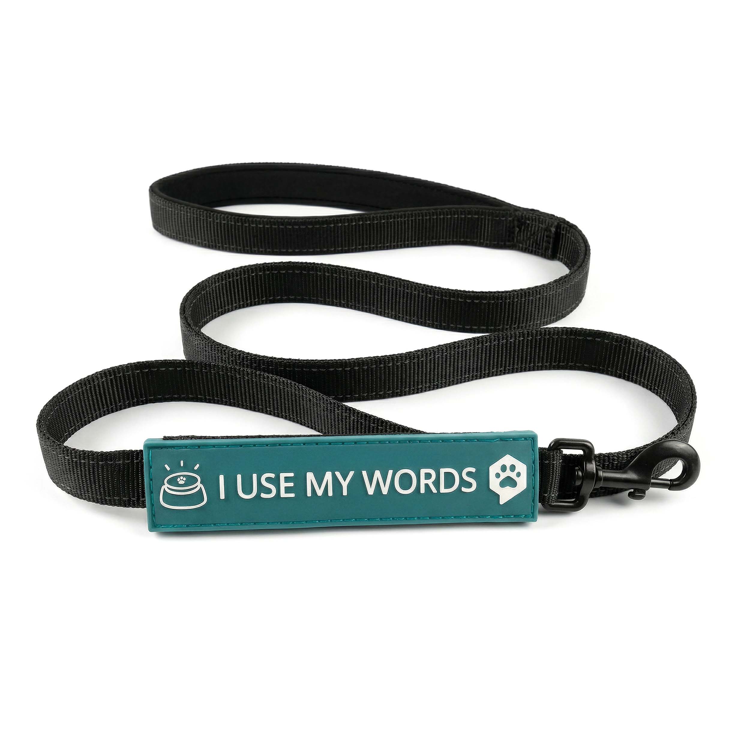 Black dog leash with a teal tag that says 'I Use My Words' on a white background