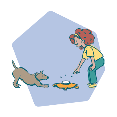 Illustration of a girl teaching her dog to talk with FluentPet buttons and HexTiles.
