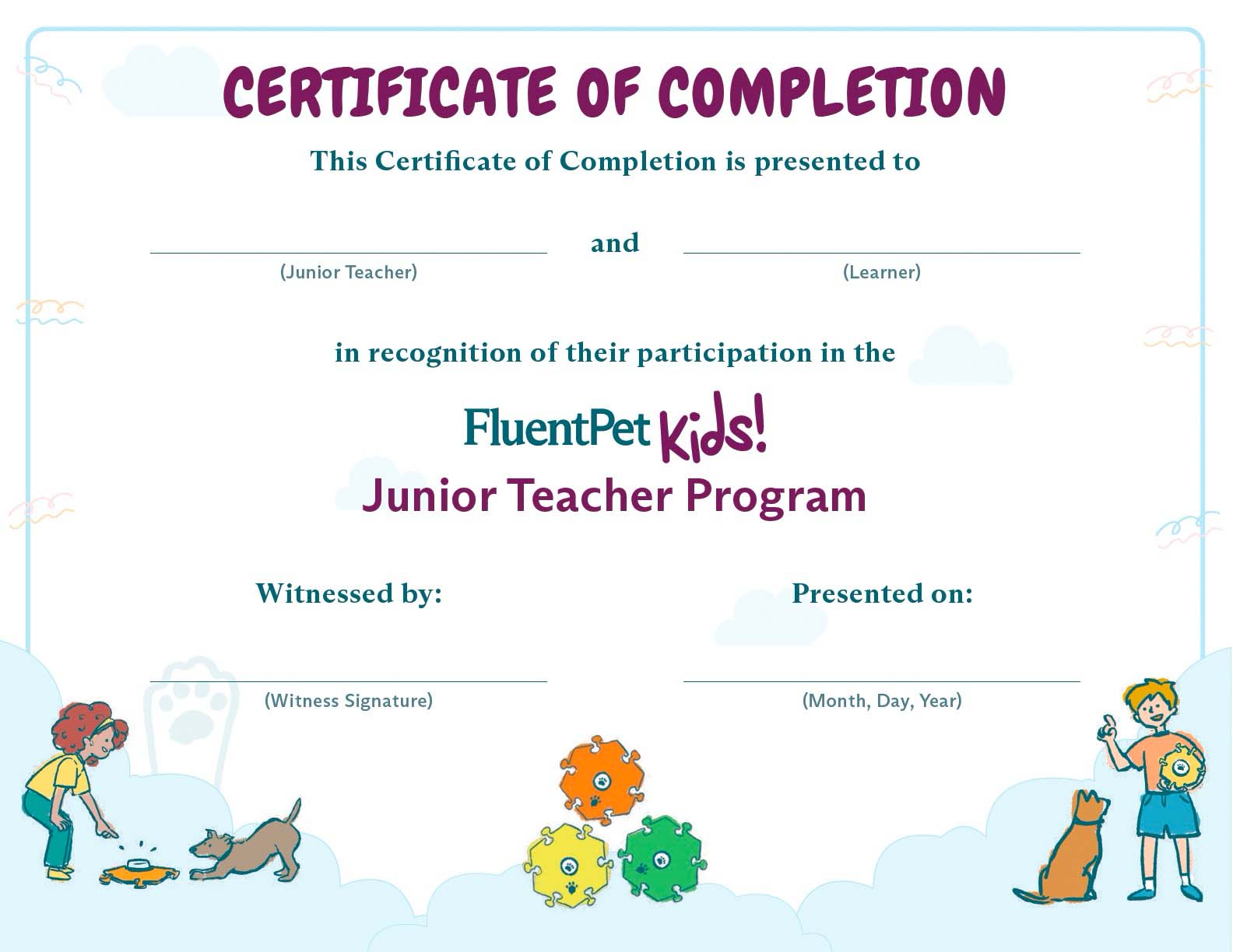 A page from the Junior Teacher Workbook with a Certificate of Completion.