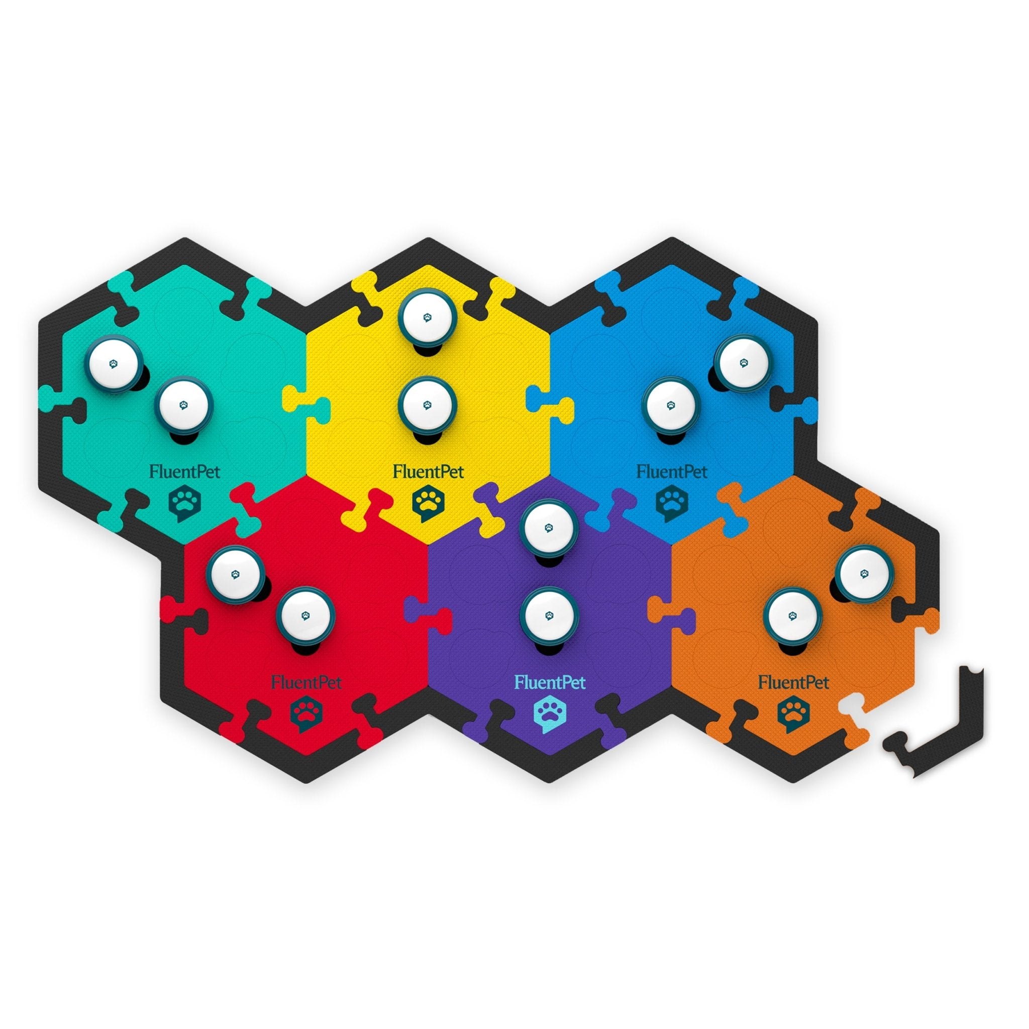 A FluentPet Key Vocak Kit featuring green, yellow, blue, red, purple and orange HexTiles. The HexTiles hold Basic FluentPet buttons and feature Edge Pieces on the board edges.
