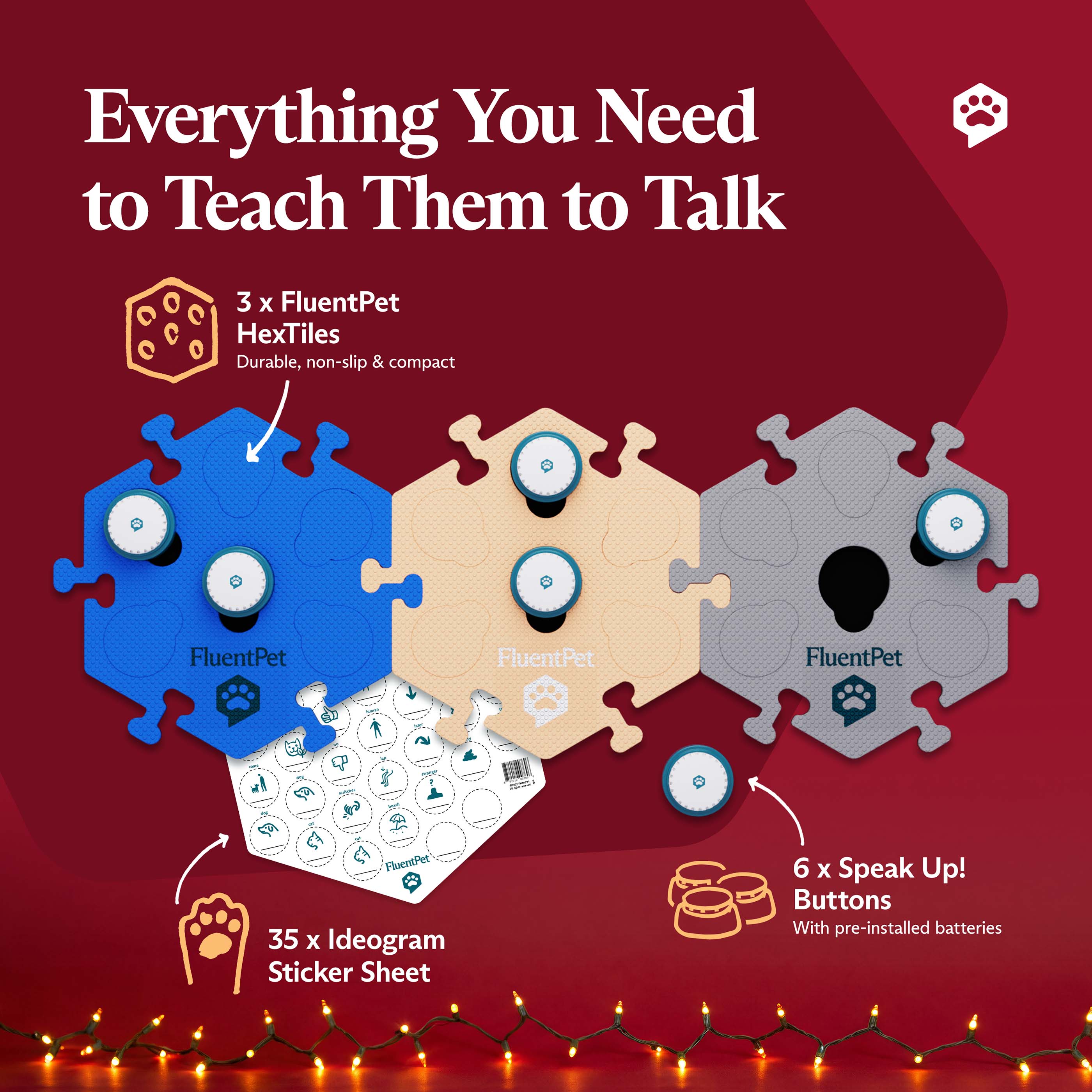 FluentPet starter kit with three HexTiles, six Speak Up! buttons, and 35 ideogram stickers, displayed on a holiday-themed red background with twinkling lights, ideal for a Black Friday promo.