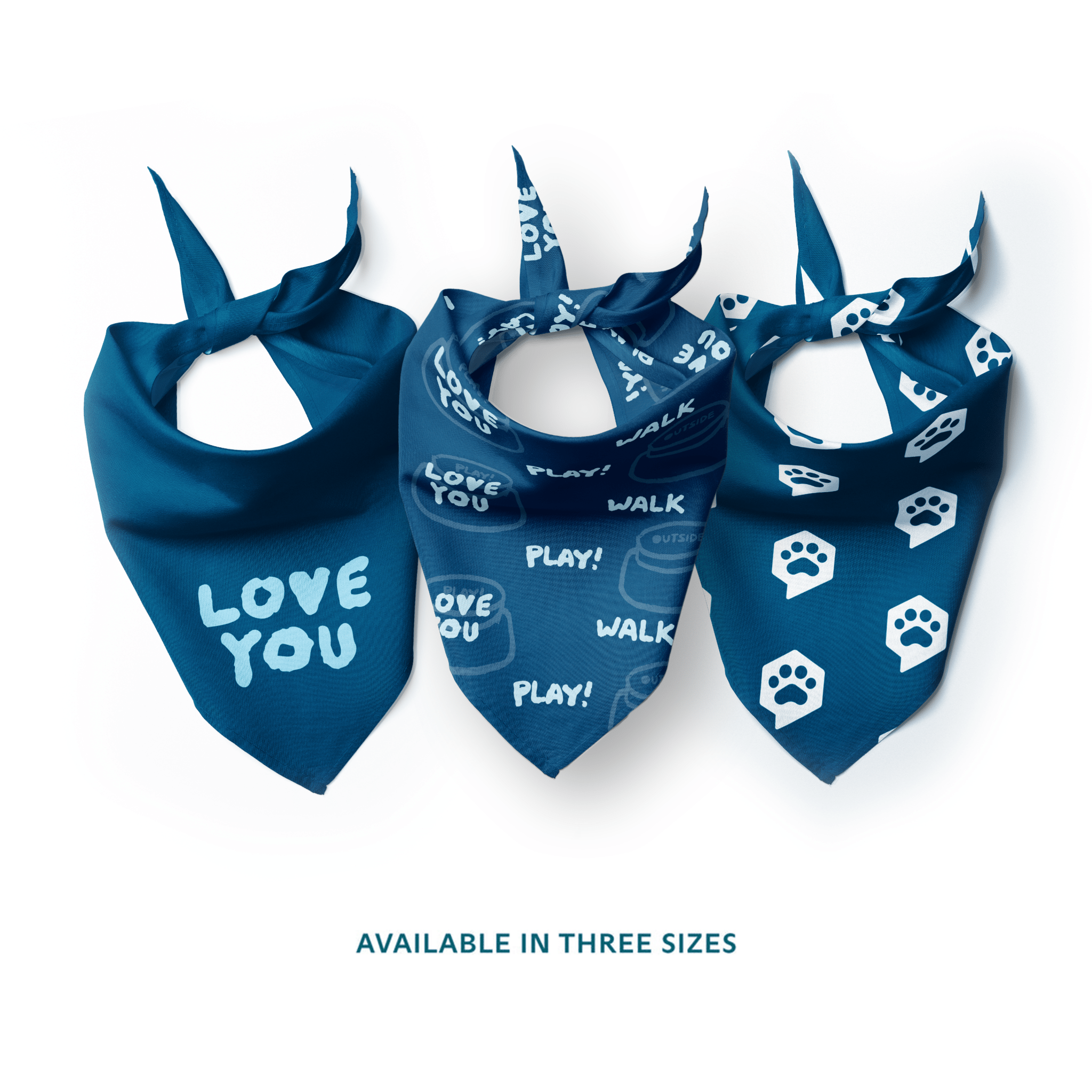 FluentPet bandanas. Text reads: "Available in three sizes"