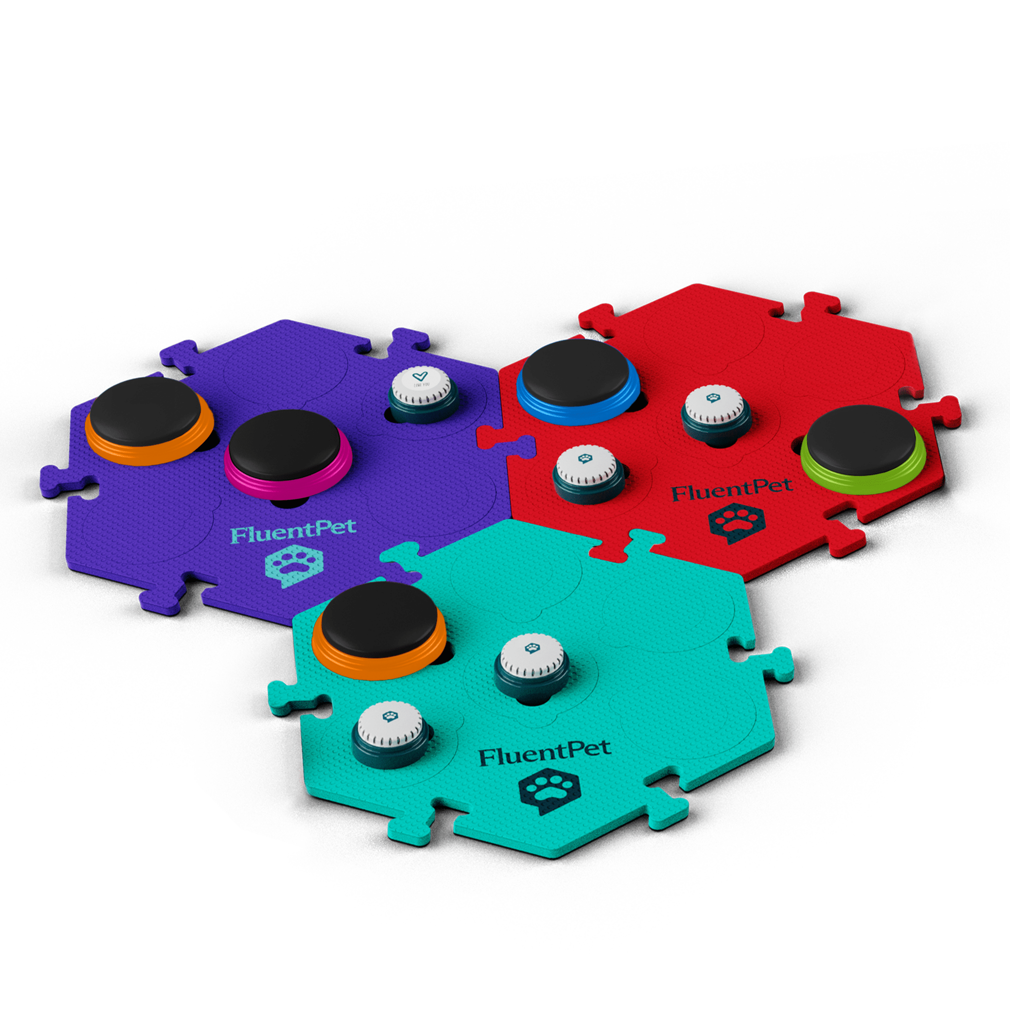A soundboard with cross-compatible HexTiles holding both generic and FluentPet buttons.