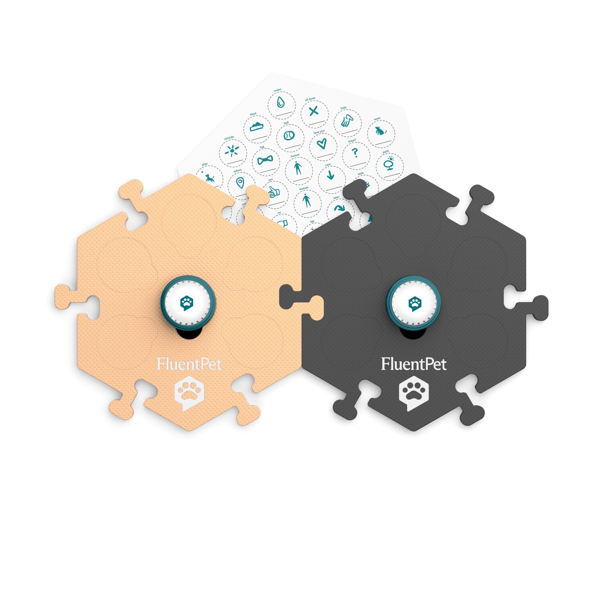 FluentPet Speak Up! Try It Kit. The image features a HexTile in light beige, a HexTile in dark grey, two Speak Up! recordable buttons and a sticker sheet.
