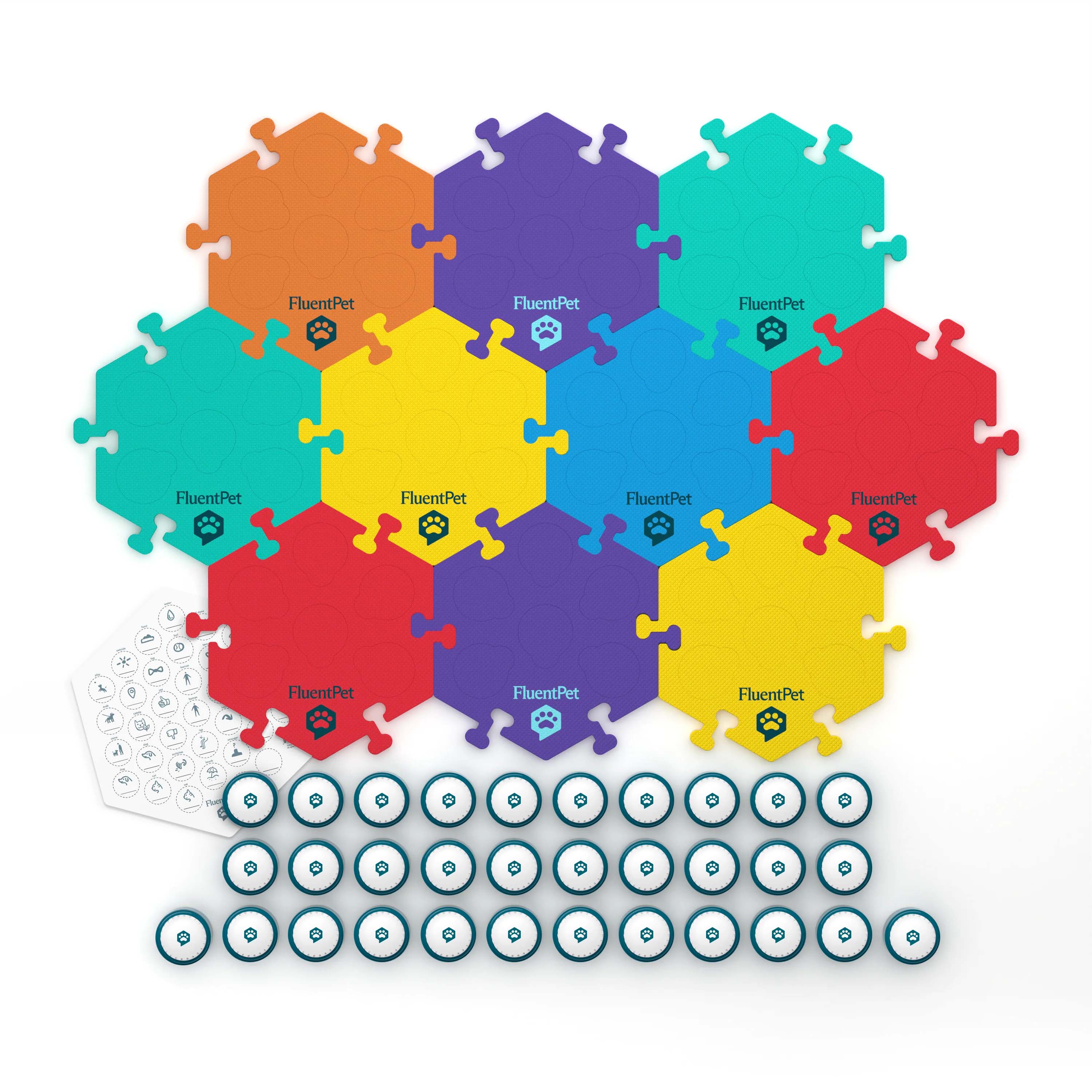 A FluentPet They Can Talk Kit in bold colors featuring 32 basic buttons, 10 HexTiles and a sticker sheet.