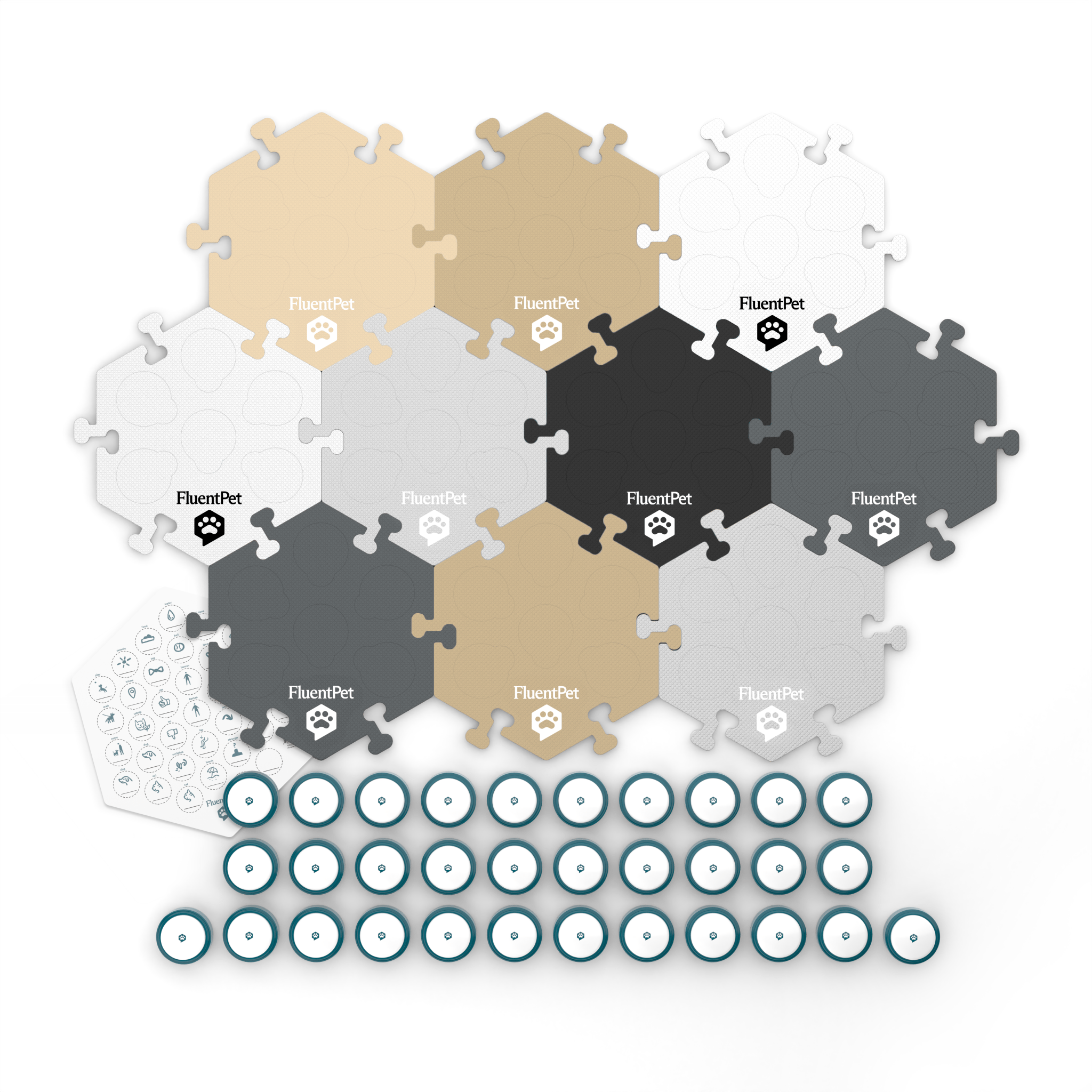 A FluentPet They Can Talk Kit in neutral colors featuring 32 Basic buttons, 10 HexTiles and a sticker sheet.