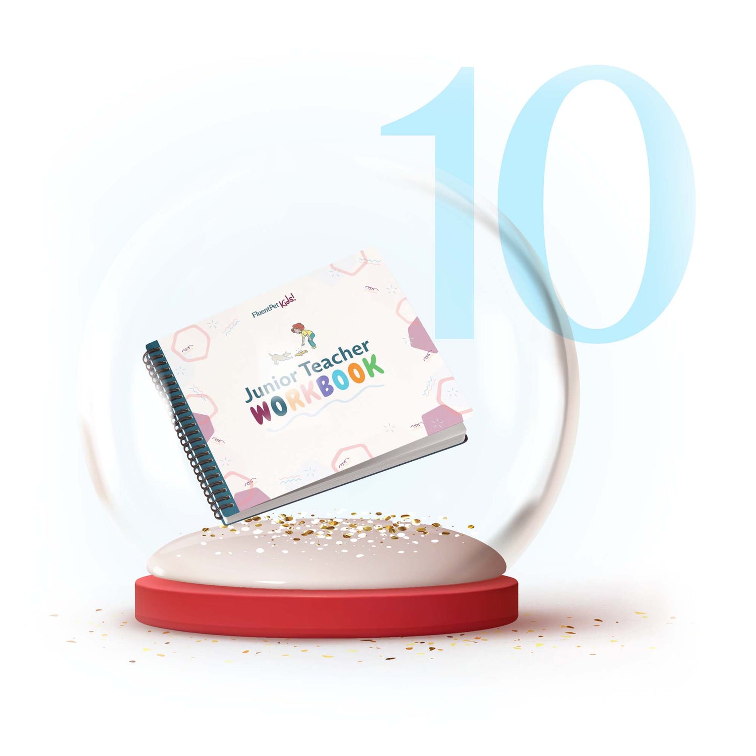 Snow globe with a 'Junior Teacher Workbook' inside, featuring the number 10.