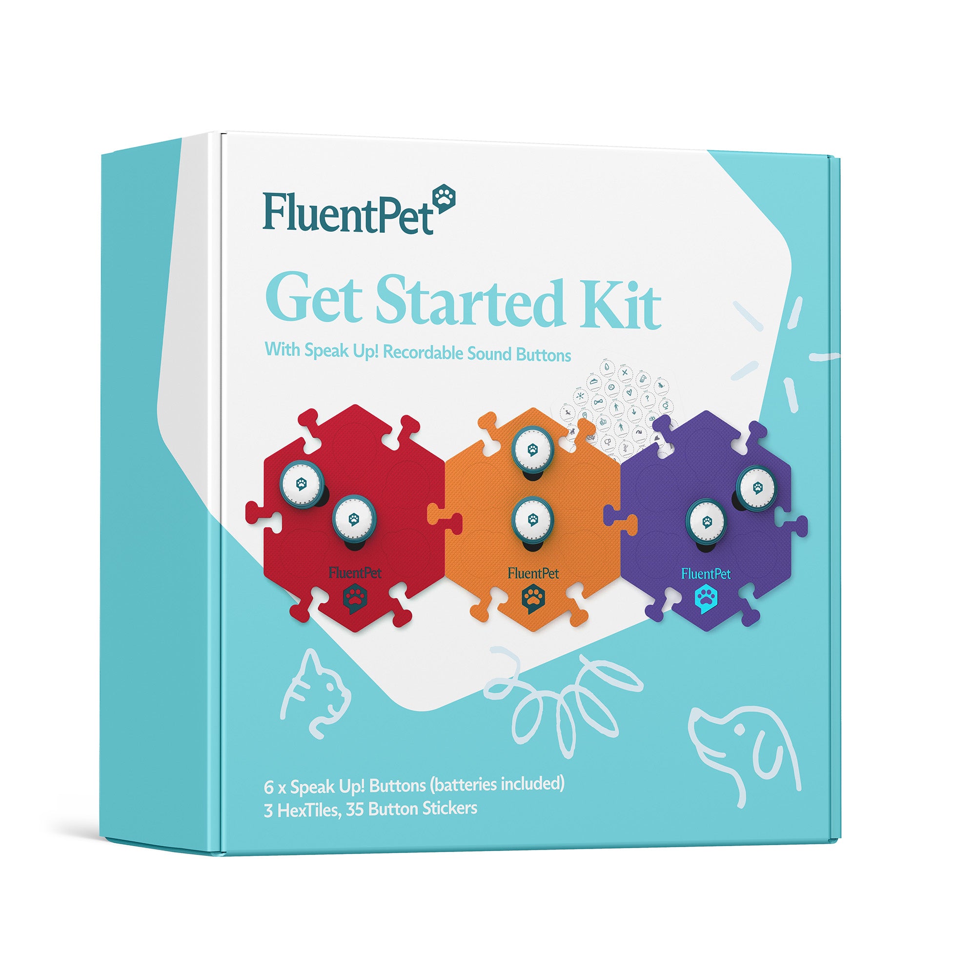 FluentPet Get Started Kit packaging with colorful buttons on a white background