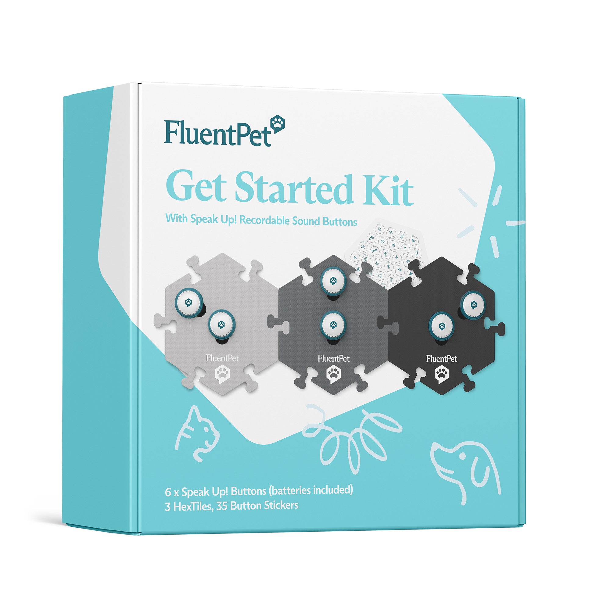 FluentPet Get Started Kit packaging with three hexagonal sound buttons on a blue background