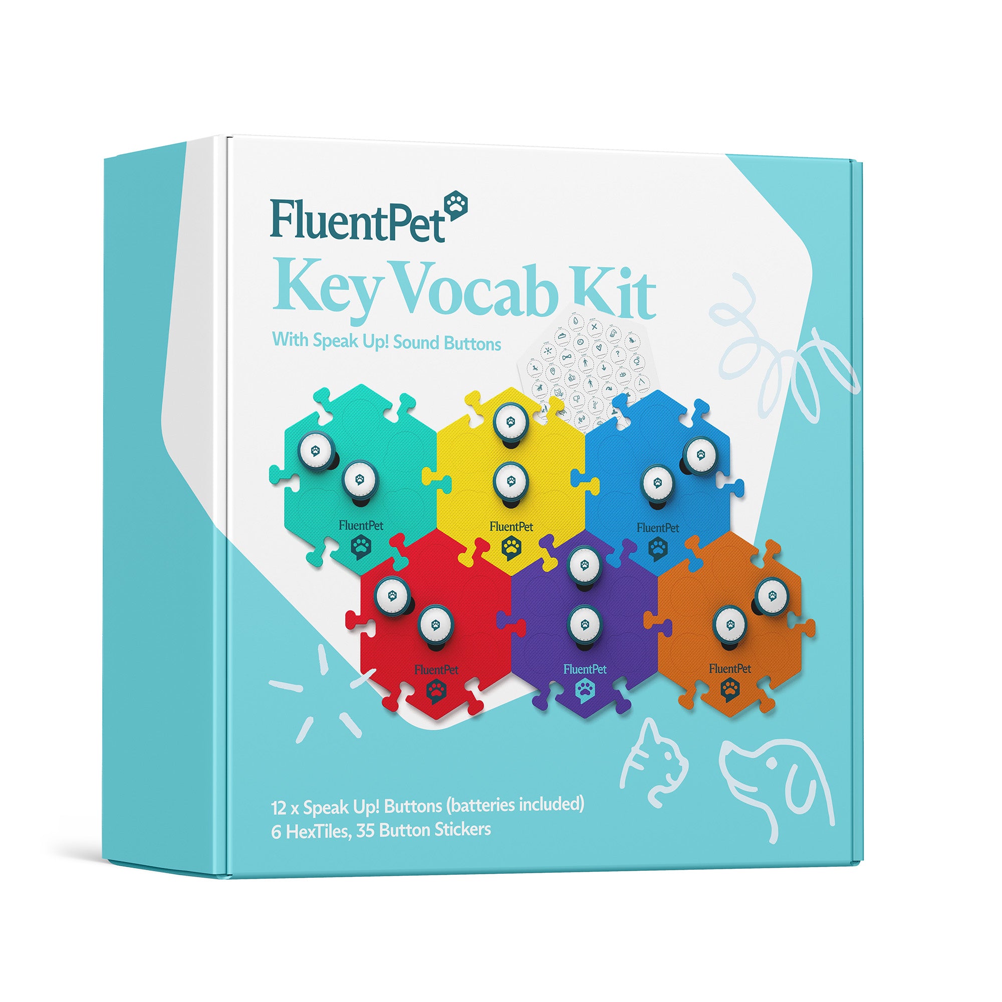 FluentPet Key Vocab Kit packaging with colorful buttons on a white background