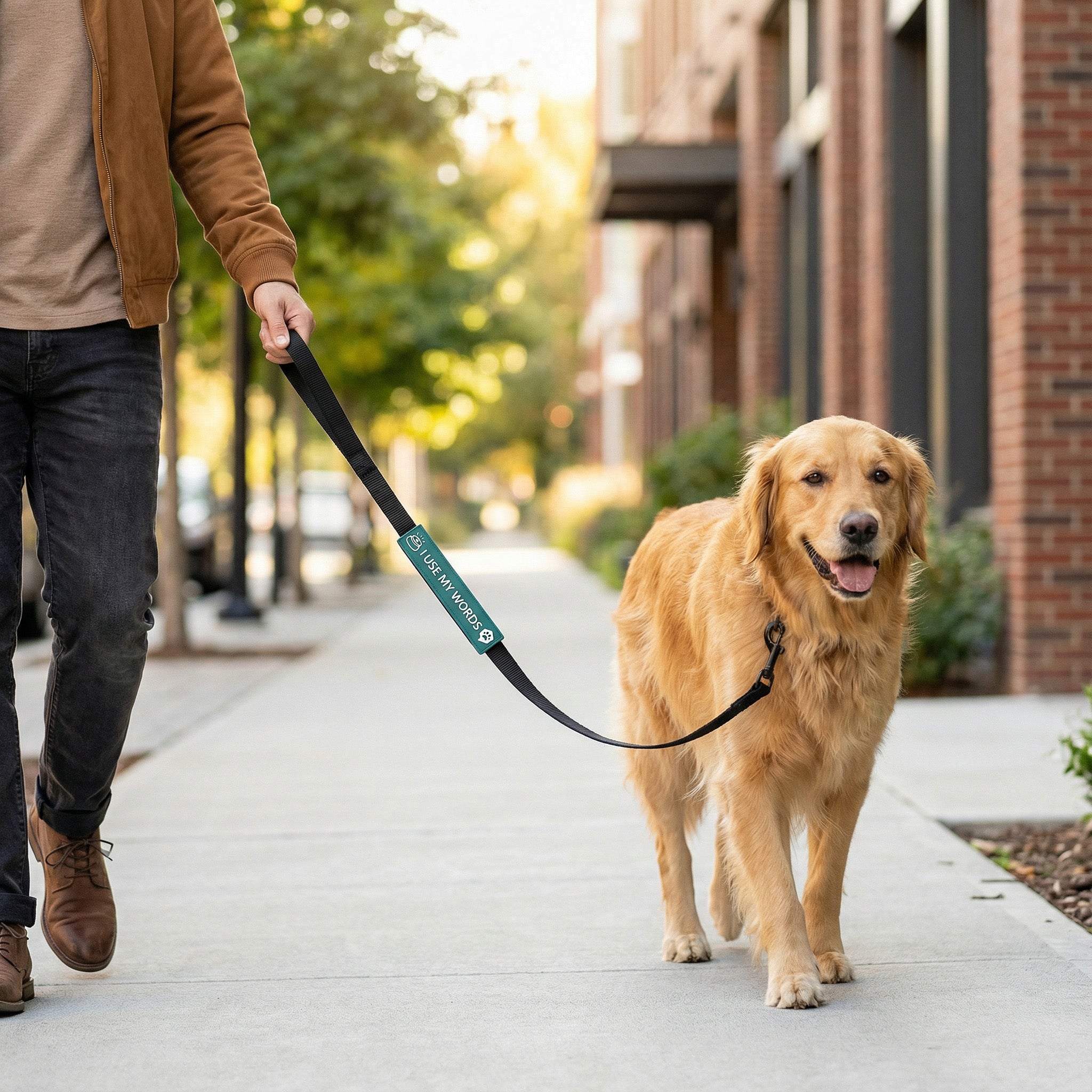 Person walking a golden dog on a leash in an urban setting