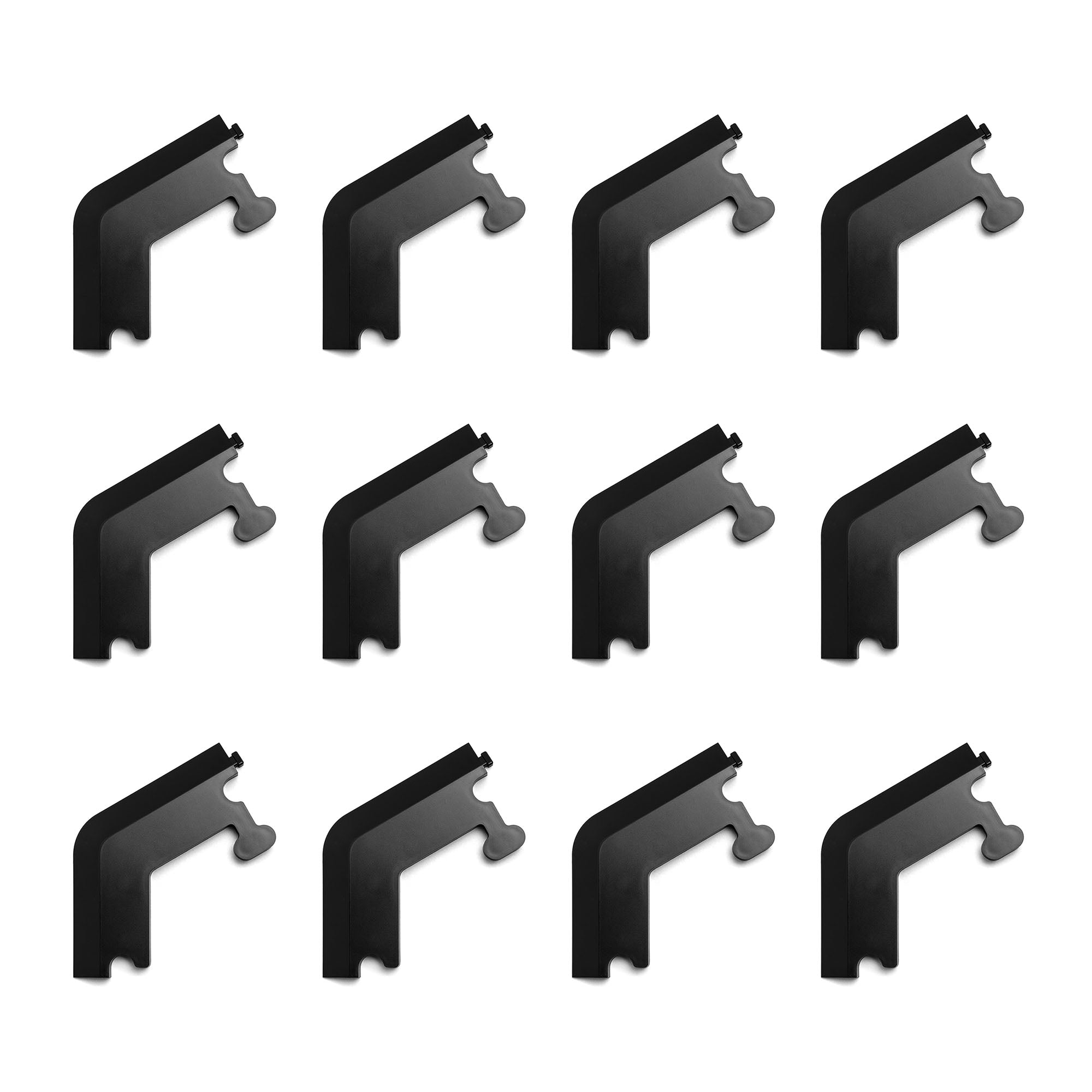 Set of black plastic brackets arranged in a grid on a white background for FluentPet HexTiles 