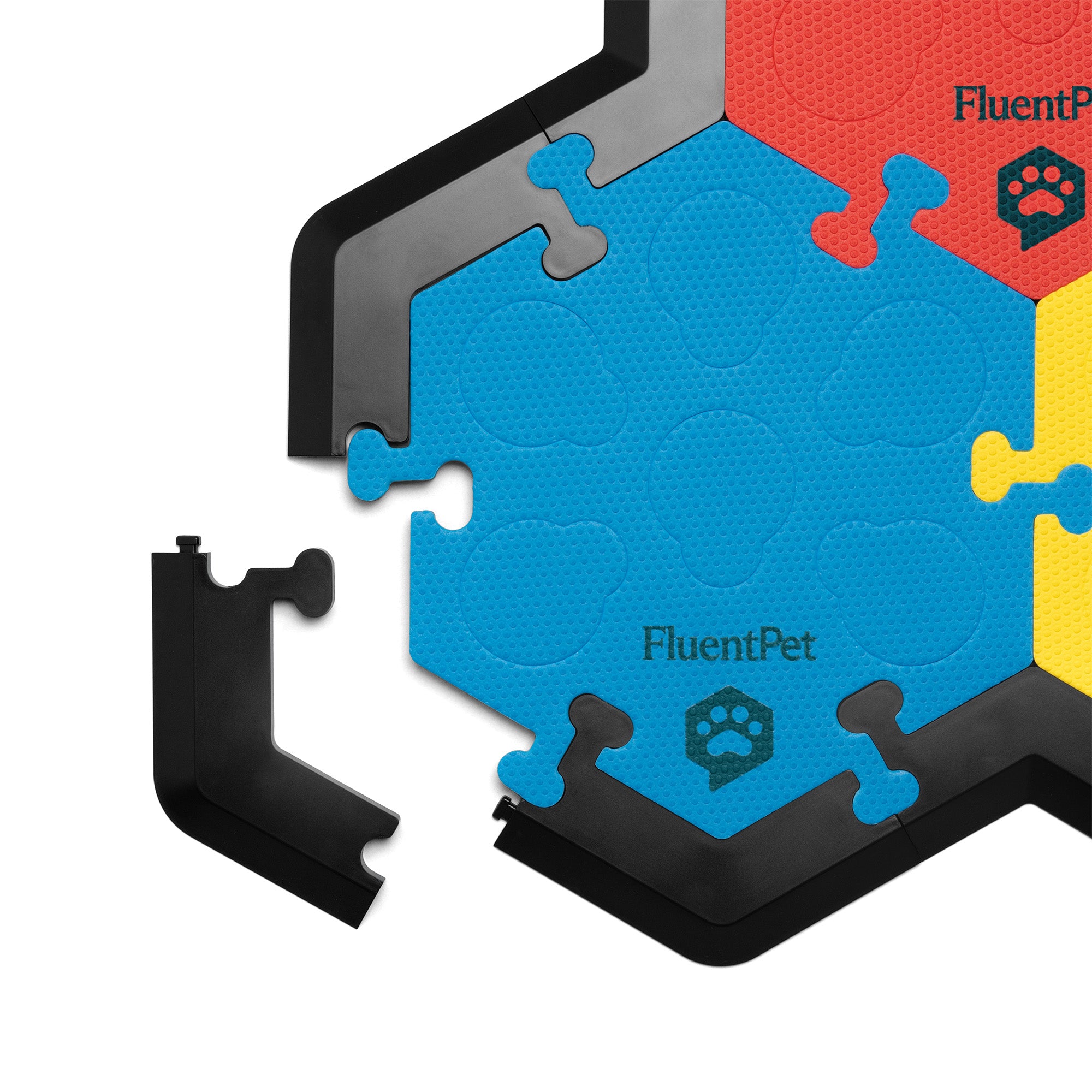HexTile mat with colorful pieces and 'FluentPet' branding on a white background