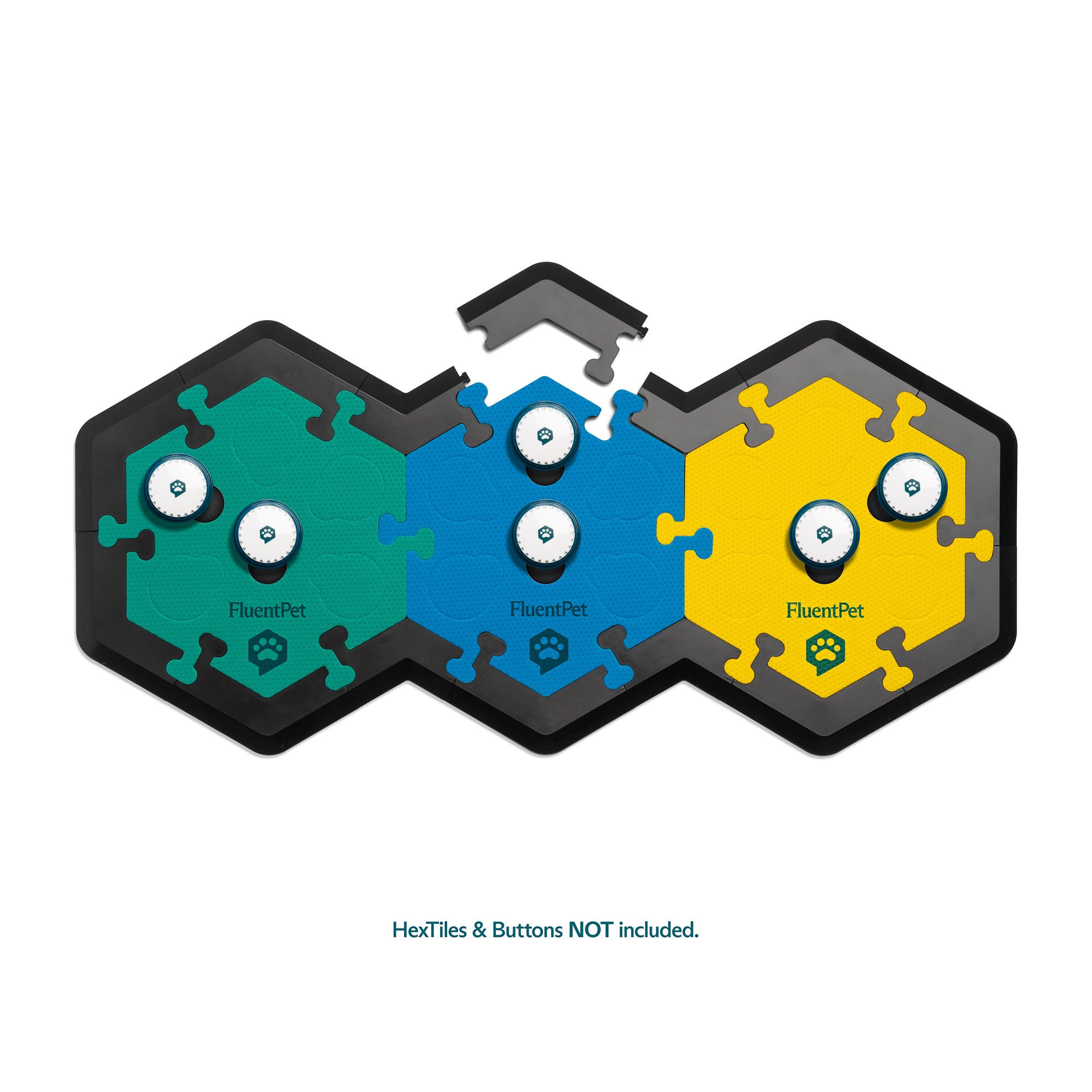 HexTile pieces in green, blue, and yellow with FluentPet branding on a white background with plastic frame pieces around.