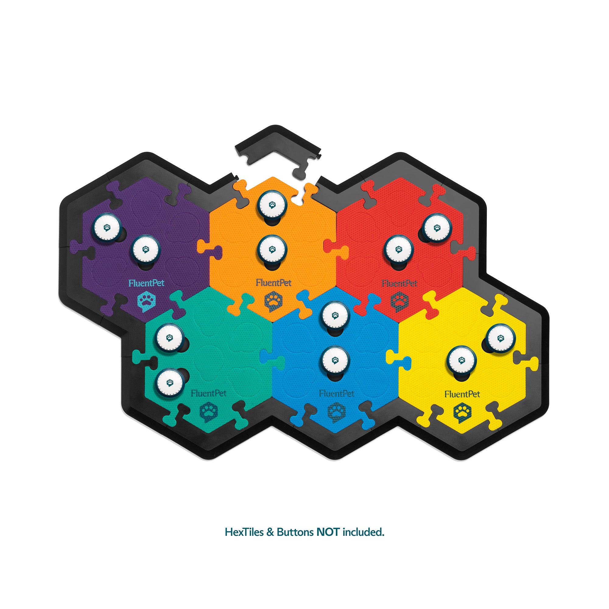 HexTile pieces in green, blue, red, orange, purple and yellow with FluentPet branding on a white background with plastic frame pieces around.