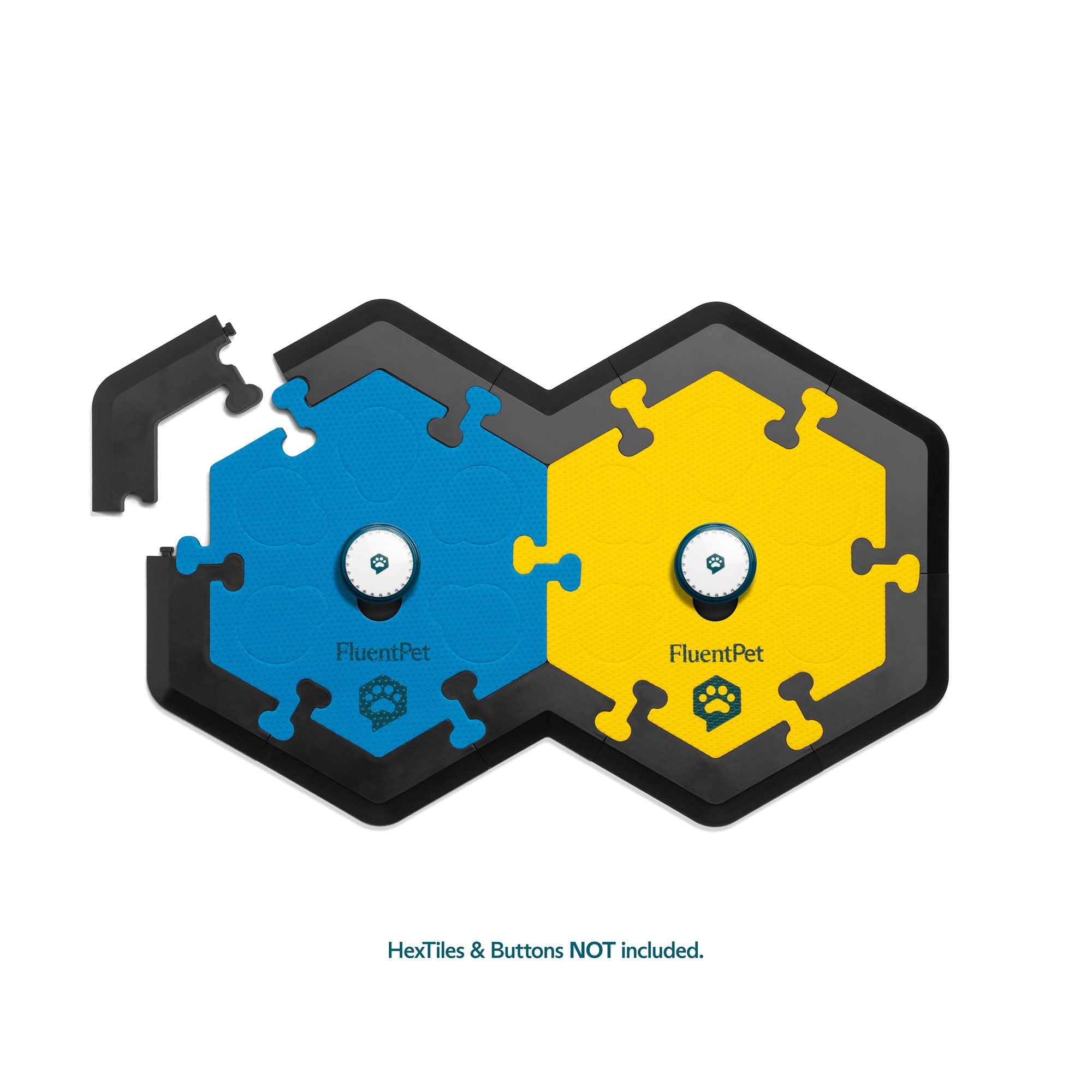 HexTiles puzzle pieces in blue and yellow with 'FluentPet' branding on a white background with Frame Pack pieces around it.